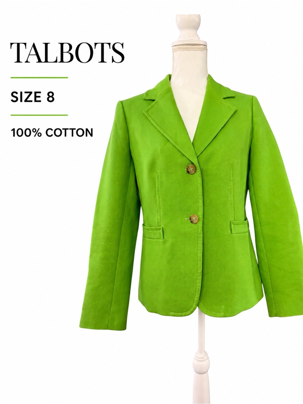 Talbots Lime/Apple Green 100% Cotton Blazer Size 8 Two Button Tailored Jacket